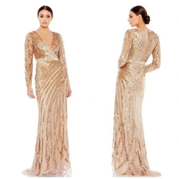 Mac‎ Duggal 5432 Long Sleeved Sequin Streaked Copper Long Gown Gold Copper Sz 10 - Picture 1 of 6